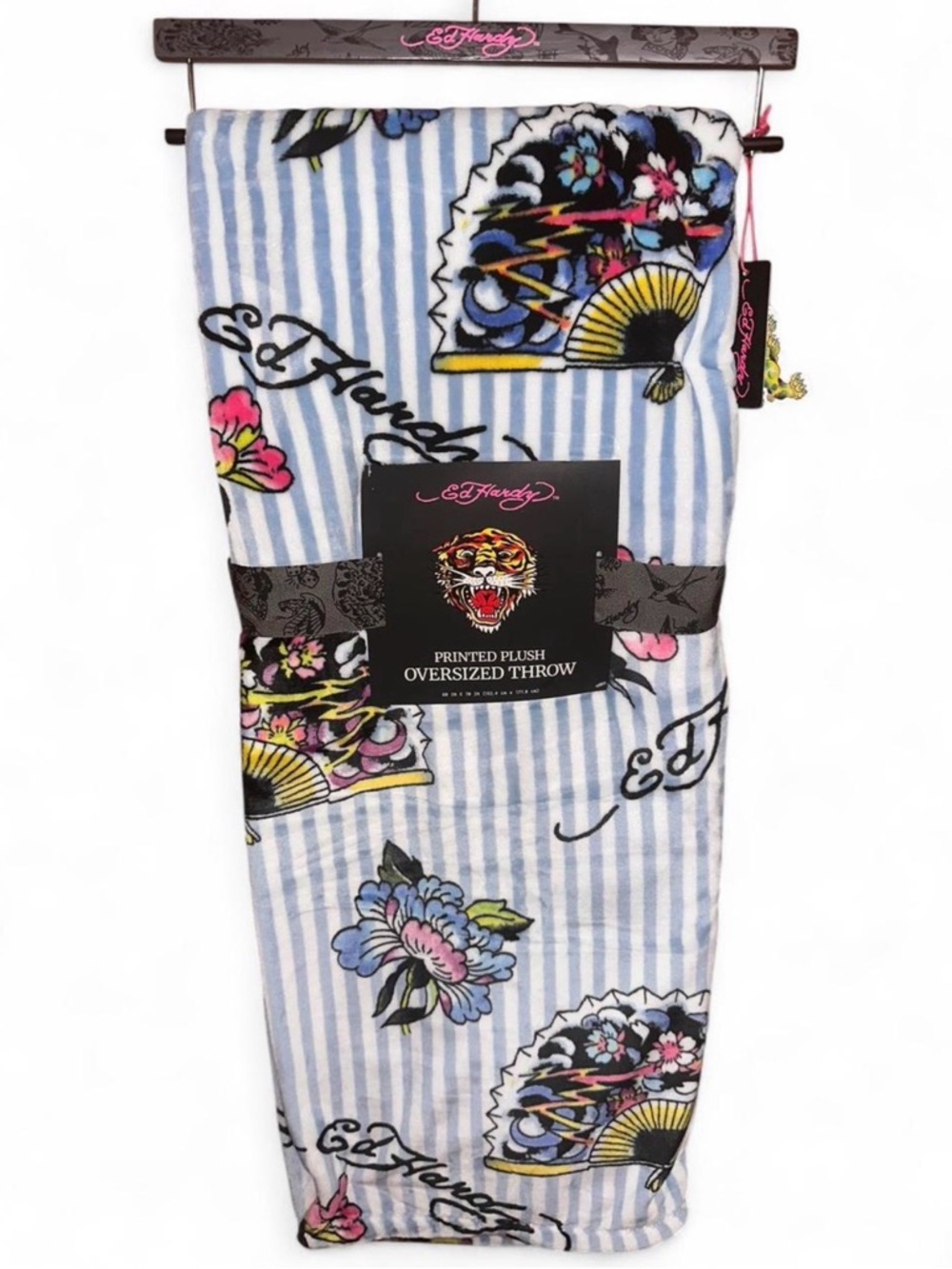 Ed Hardy Blue & White Striped Japanese Style Plush Throw Blanket